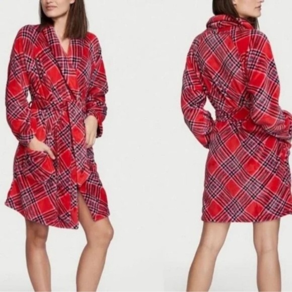 NWOT Victoria's Secret Fleece Plaid Kimono Robe Tie-Waist Pocket Red Pink SZ XXL - Picture 1 of 8